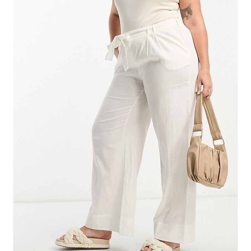 Pantalones blancos de pernera ancha y lazada en la cintura de lino de tacto suave de Vila Curve