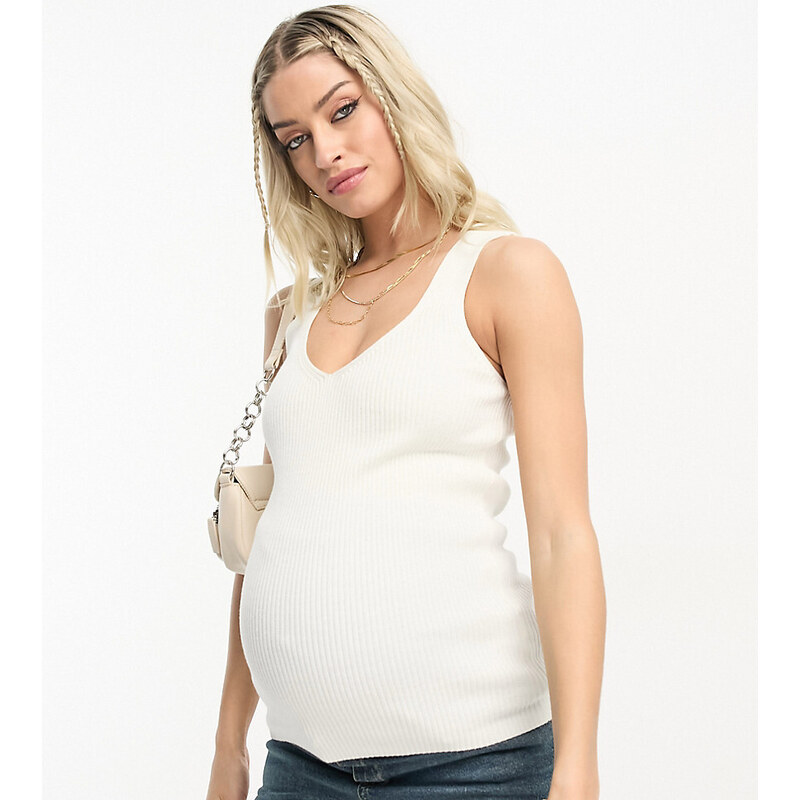 ASOS Maternity Camiseta color crema sin mangas con cuello de pico de punto de ASOS DESIGN Maternity-Blanco
