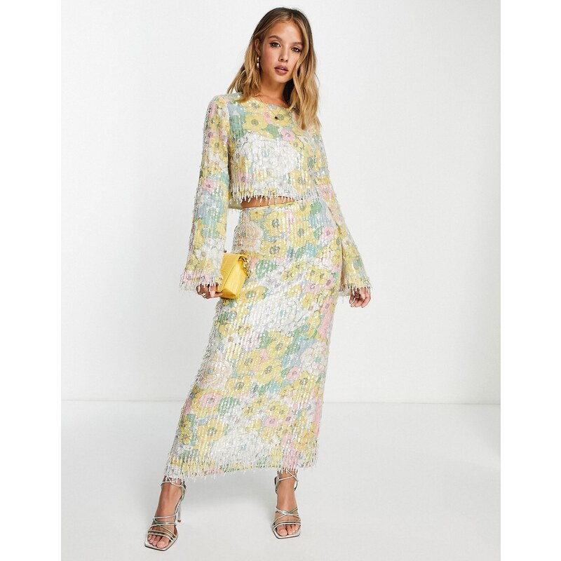 Falda midi con estampado floral en tonos pastel y flecos de lentejuelas de ASOS Edition-Multicolor