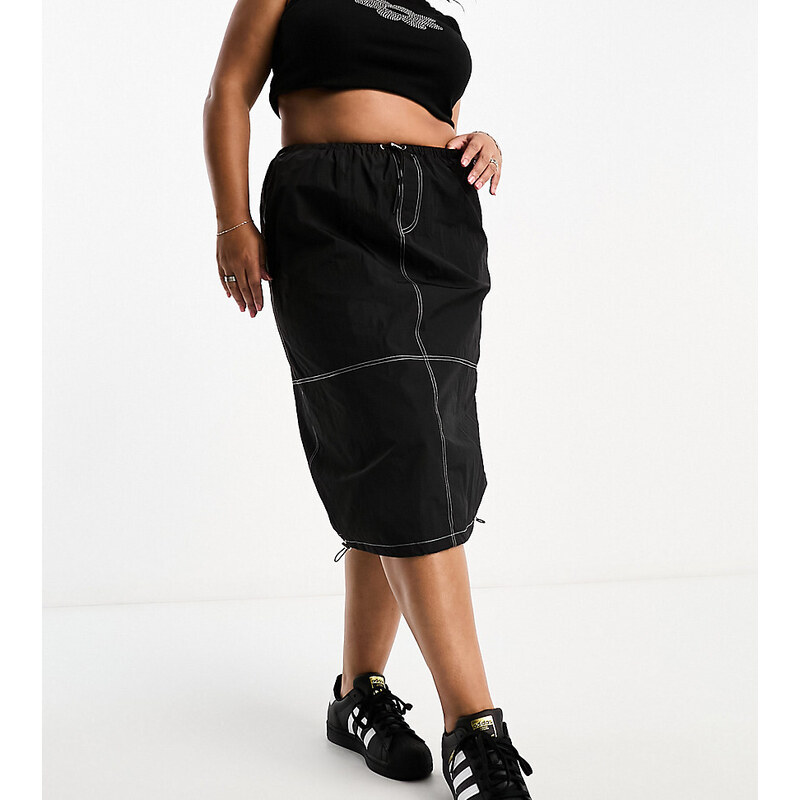 Falda midi negra de estilo paracaidista con pespuntes en contraste de Heartbreak Plus-Negro