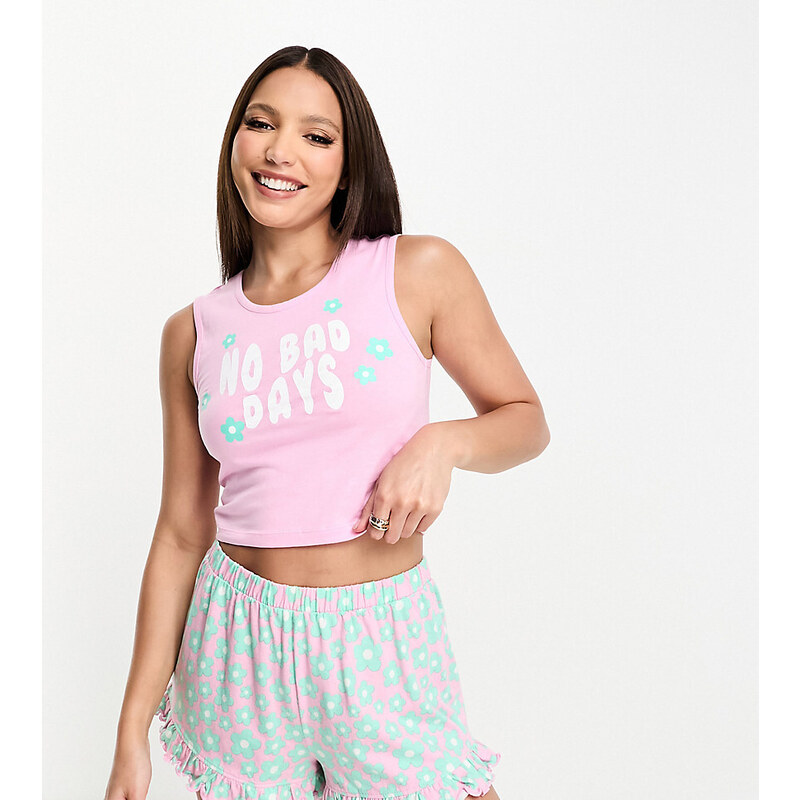 ASOS Tall Pijama rosa de pantalones cortos y camiseta sin mangas con estampado "No Bad Days" exclusiva de ASOS DESIGN Tall