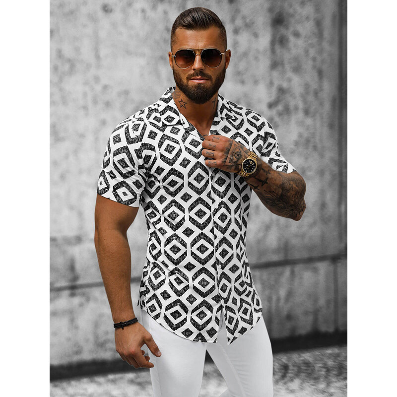 Camisa de hombre con manga corta blanco-negro OZONEE E/1400/26Z
