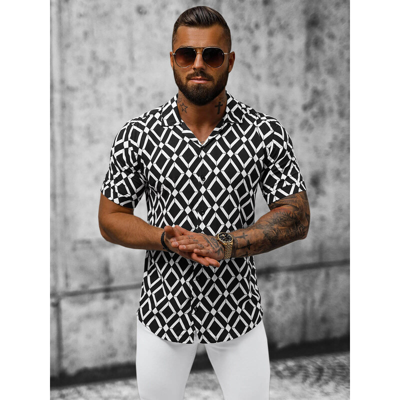 Camisa de hombre con manga corta negro-blanca OZONEE E/1400/227Z