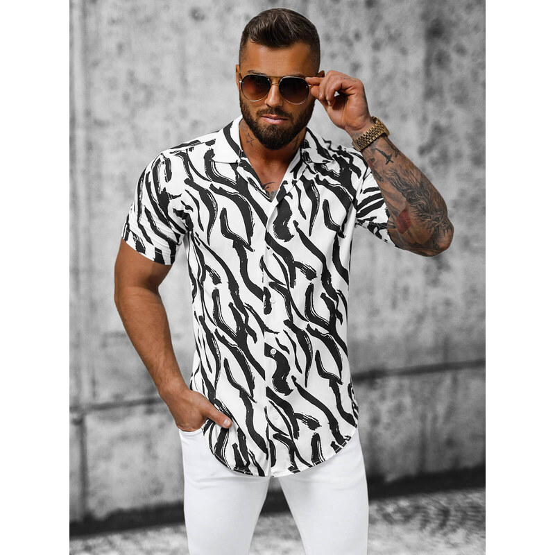 Camisa de hombre con manga corta blanco-negro OZONEE E/1400/59