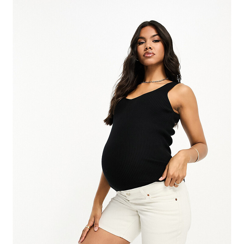 ASOS Maternity Camiseta negra sin mangas con cuello de pico de punto de ASOS DESIGN Maternity-Black