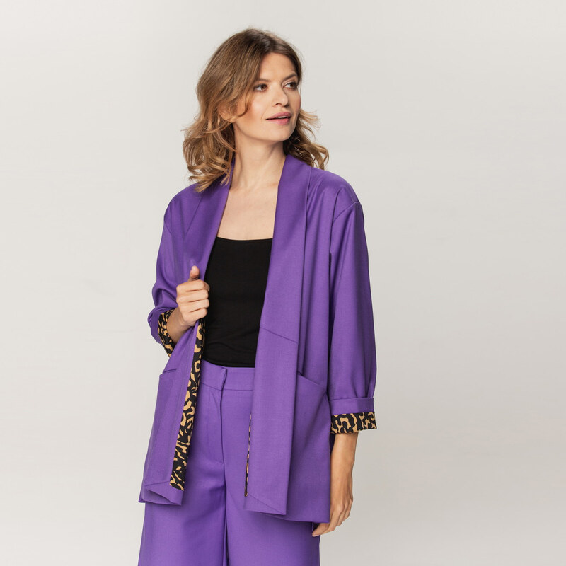 Willsoor Chaqueta grande de traje para mujer color púrpura con estampado de leopardo 15321