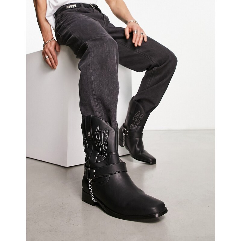 Koi Footwear Botas negras estilo wéstern con llamas grises Bronco de KOI-Negro