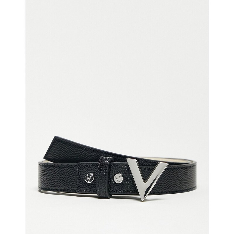 Valentino Bags Cinturón negro con hebilla plateada en forma de "V" Divina de Valentino