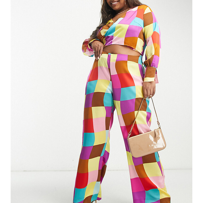 Pantalones a cuadros de colores de pernera ancha de Something New Curve (parte de un conjunto)-Multicolor