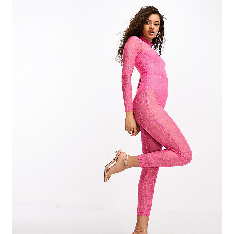 Mono largo rosa luminoso entallado de encaje elástico exclusivo de Collective The Label Petite