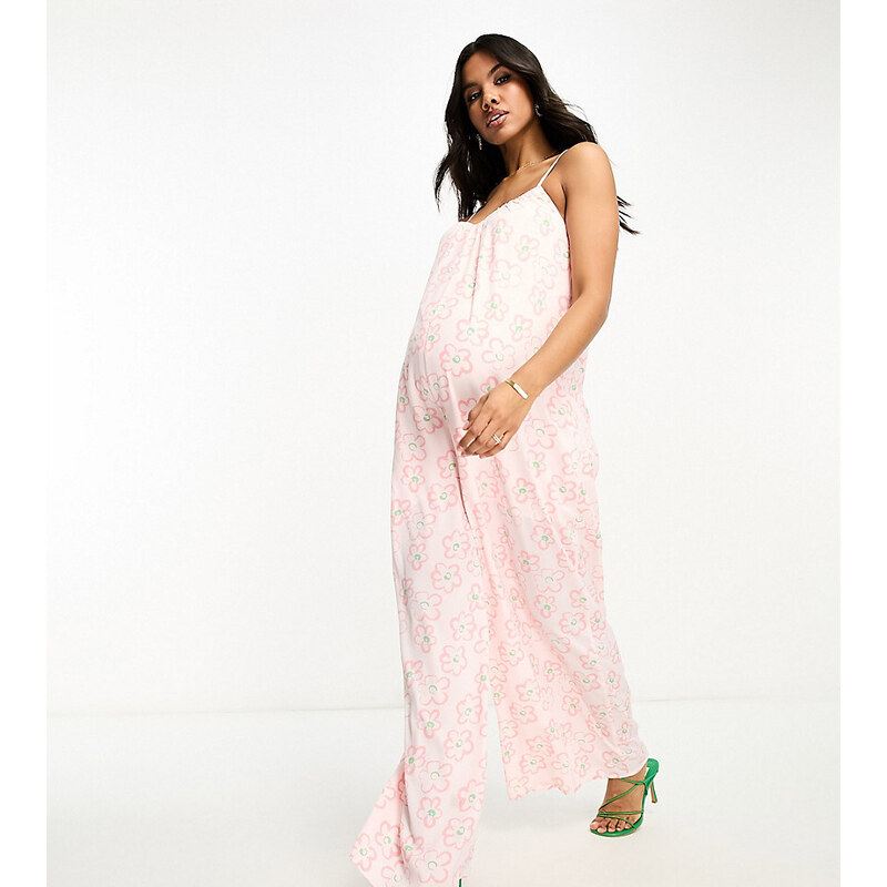 Mono largo rosa de tirantes de corte amplio con estampado floral y lazada en la espalda de Glamorous Maternity