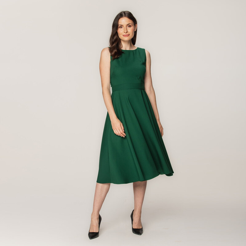 Willsoor Elegante vestido midi para mujer en color verde con un estampado liso 15351