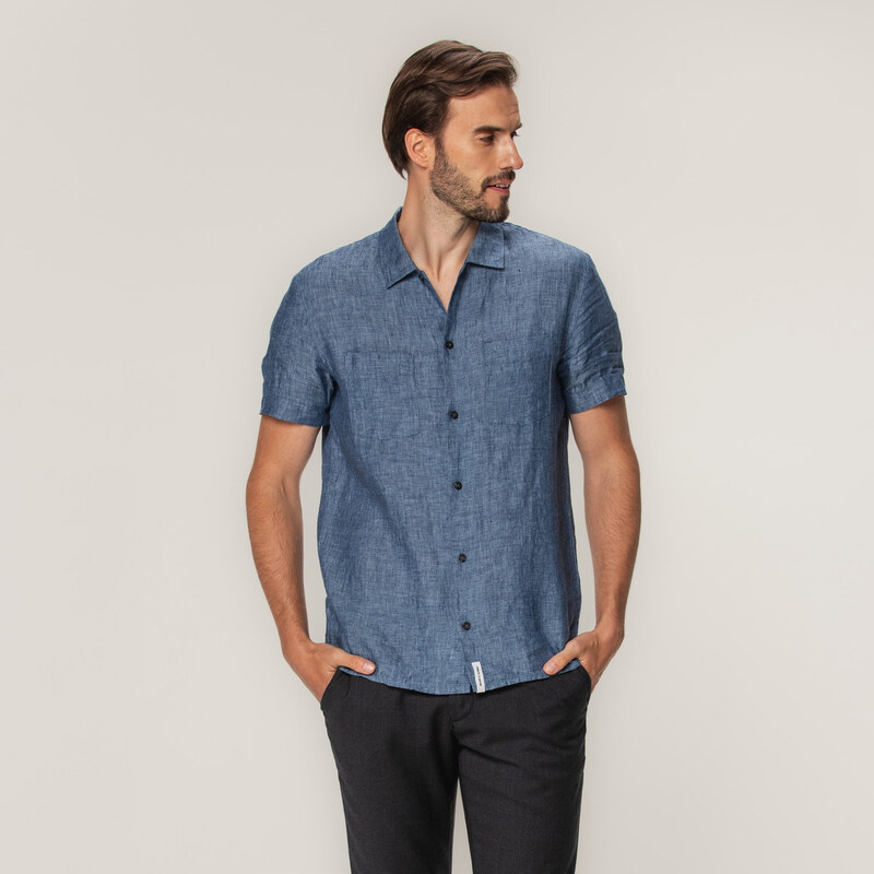 Willsoor Camisa clásica de lino para hombre en color azul oscuro 15359