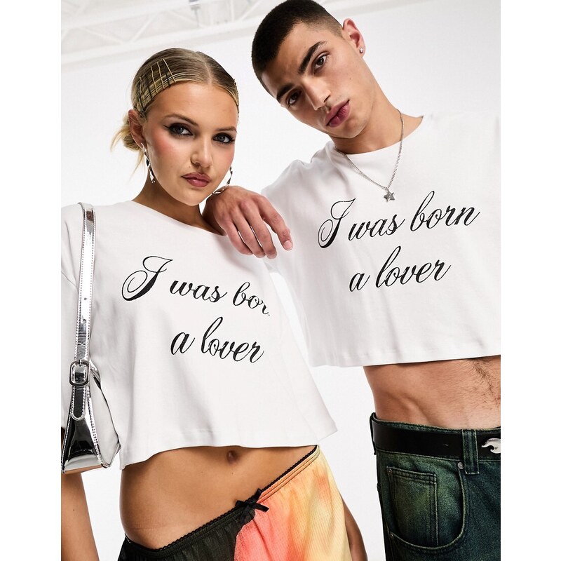 Camiseta corta blanca unisex con diseño de purpurina "I was born a lover" de IIQUAL-Blanco