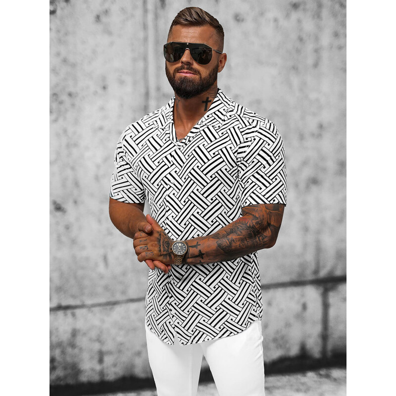 Camisa de hombre con manga corta blanco-negro OZONEE E/1400/225Z