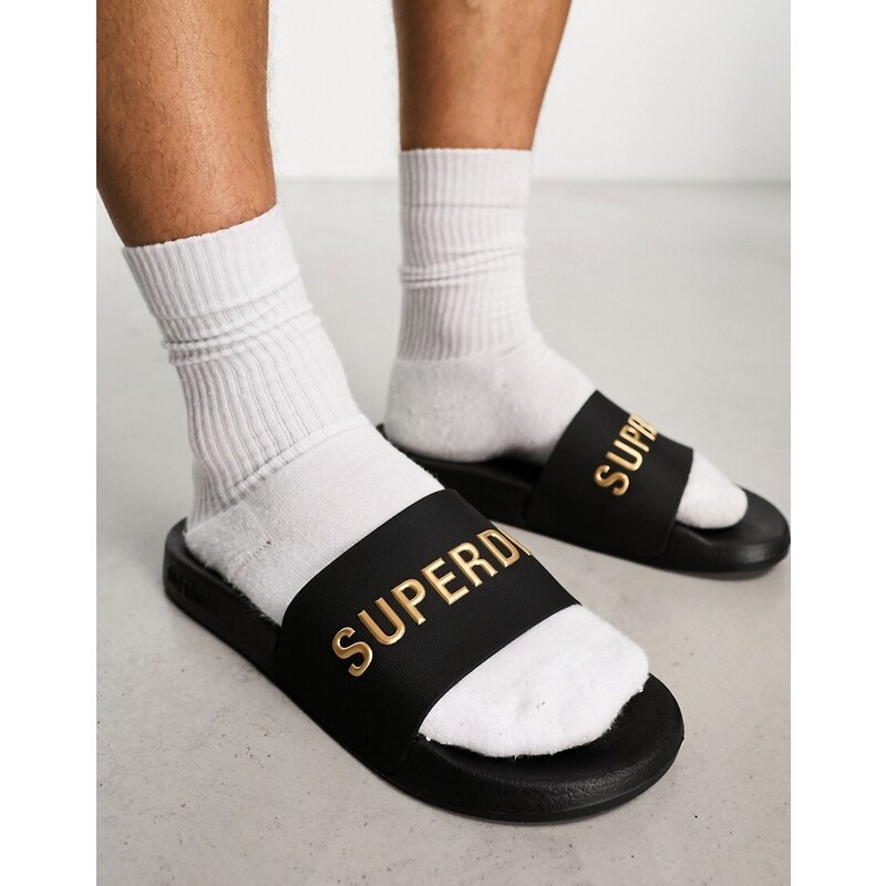 Sandalias negras veganas para piscina con logo Code de Superdry-Negro