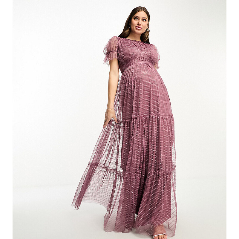 Vestido de dama de honor largo color malva de tul de Beauut Maternity-Rosa