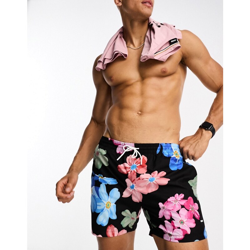 BOSS Bodywear Shorts de baño negros con estampado floral Piranha de BOSS