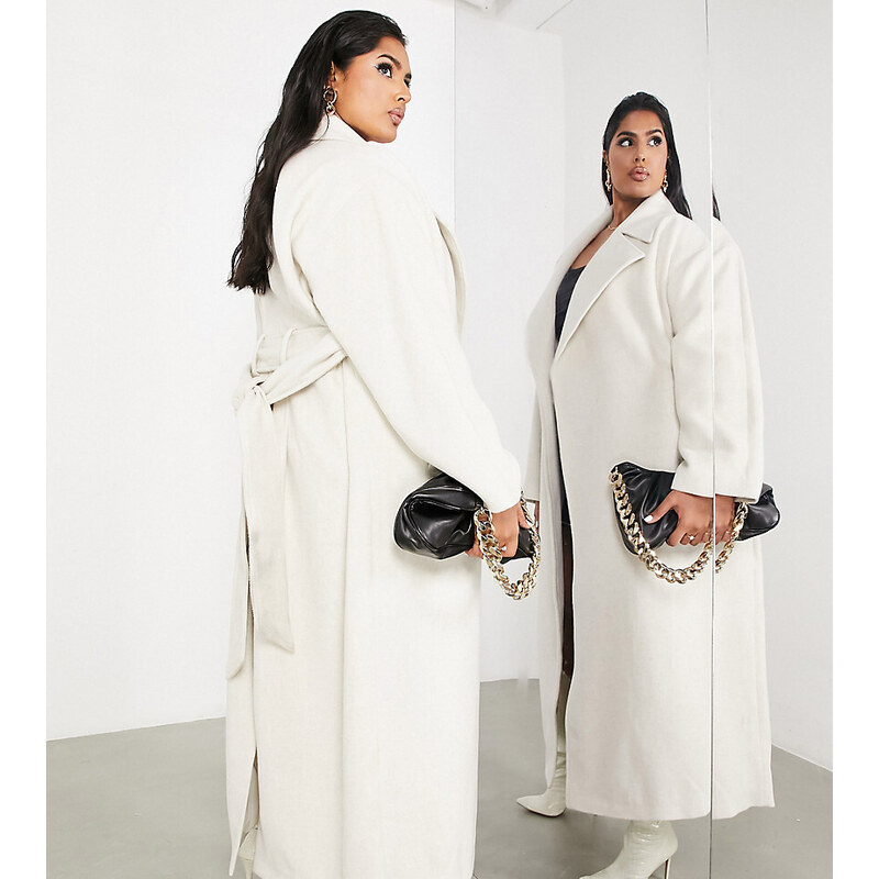 Abrigo largo color crema con cinturón de mezcla de lana de ASOS EDITION Curve-Blanco