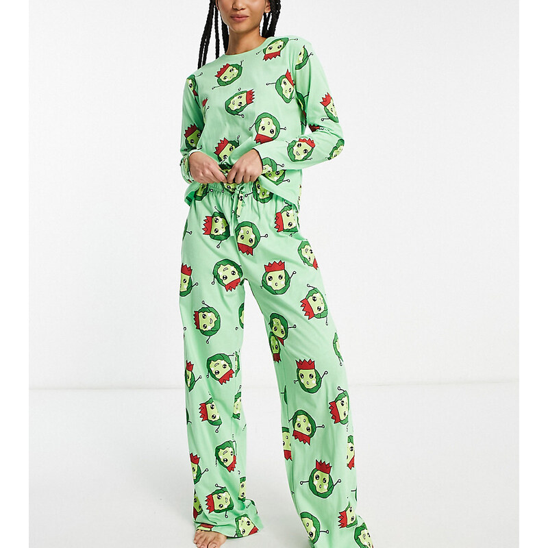 ASOS Tall Pijama verde de pantalones y top de manga larga con estampado de coles de Bruselas de Navidad de ASOS DESIGN Tall