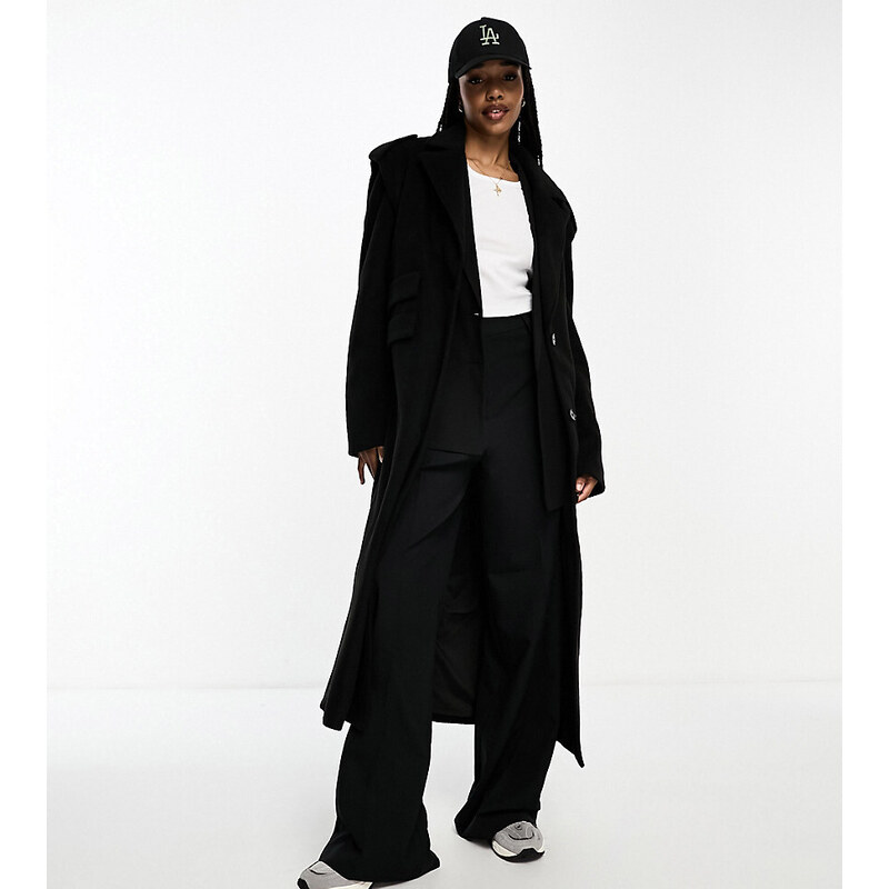 Abrigo de vestir largo negro de tejido efecto lana exclusivo de 4th & Reckless Tall