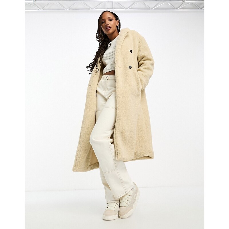 Abrigo largo color crema de tejido tipo peluche Emmy de JJXX-Blanco