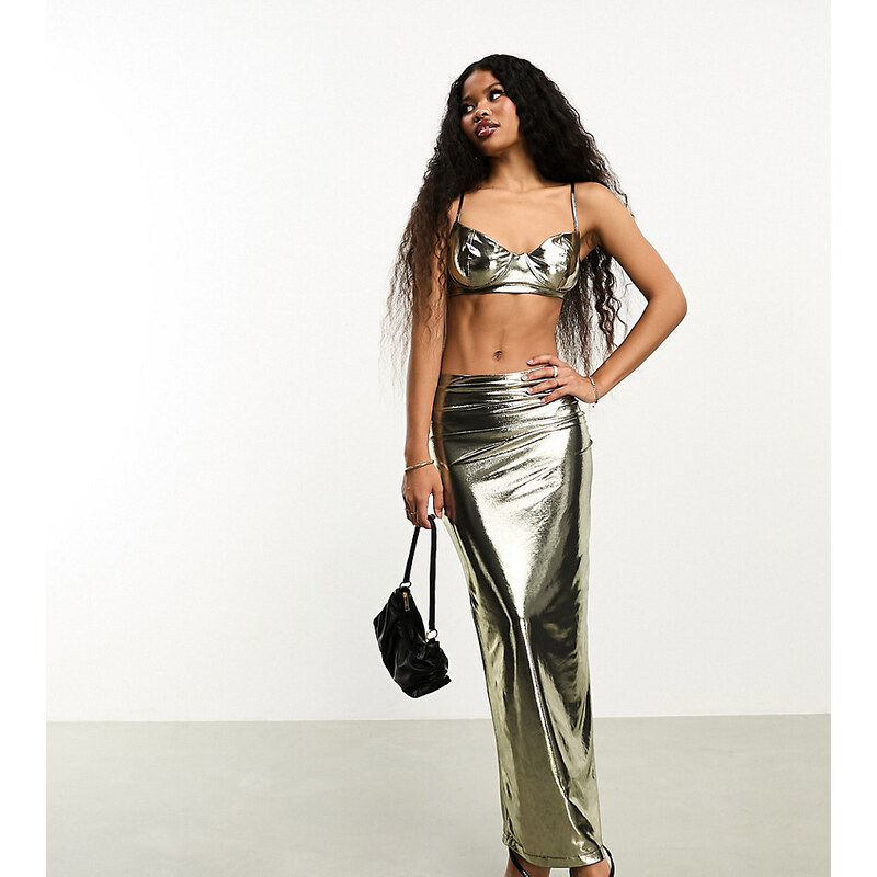 Falda larga cromado metalizada con diseño drapeado de Jaded Rose Petite (parte de un conjunto)-Plateado