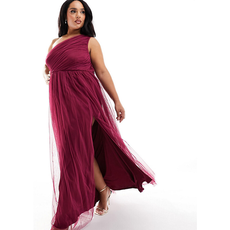 Vestido de dama de honor largo color baya asimétrico de tul de Anaya Plus-Rojo