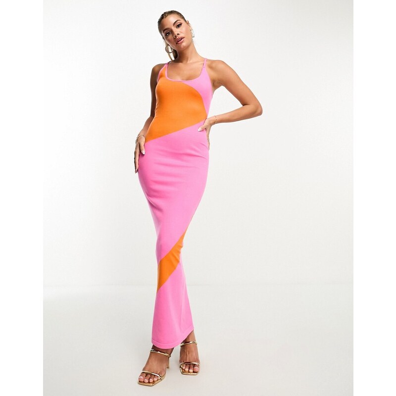 Vestido midi rosa y naranja con diseño color block de punto de Style Cheat-Multicolor