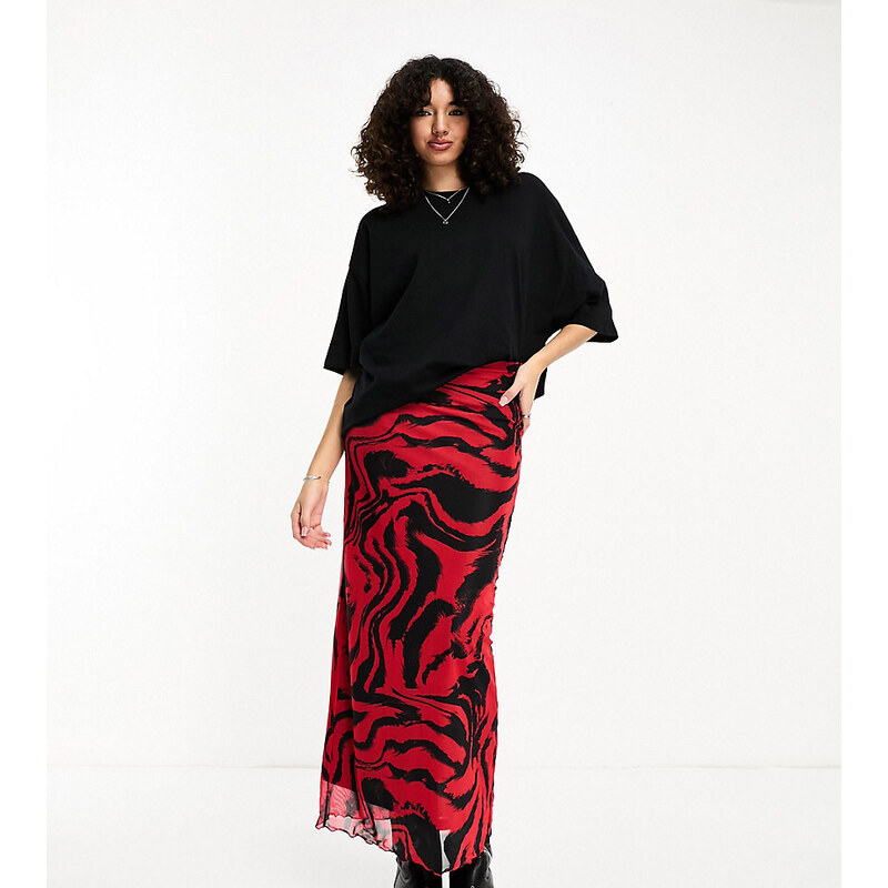 Falda larga negra y roja con diseño de remolinos de malla de Only Tall-Rojo
