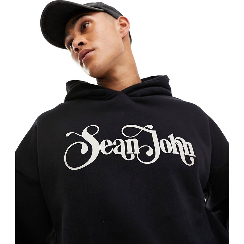 Sudadera negra sin cierres con capucha y estampado del logo de estilo retro de Sean John-Negro