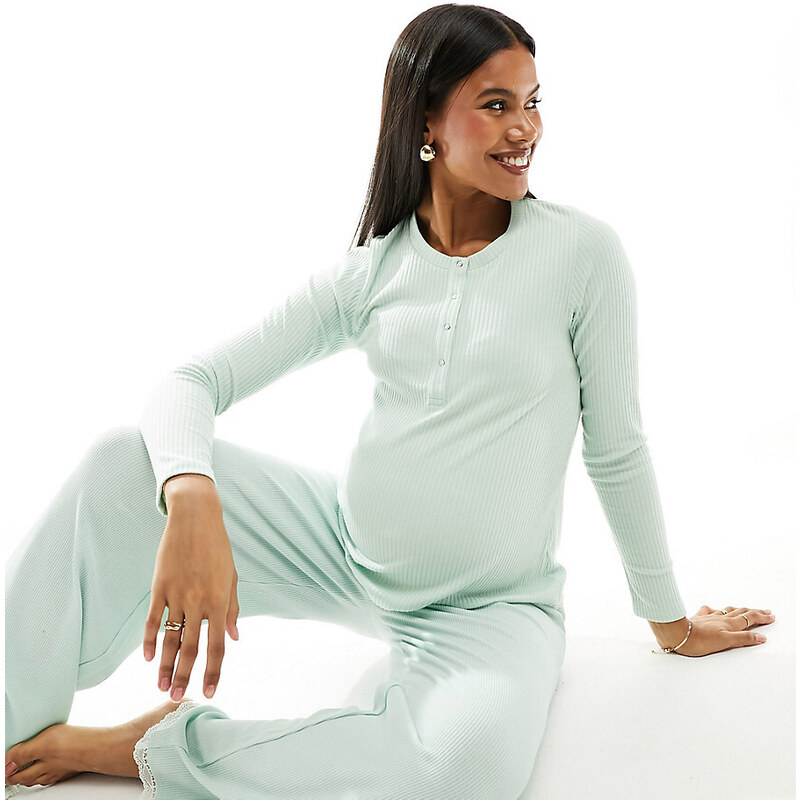 ASOS Maternity Top de pijama verde con cuello panadero de encaje y canalé Mix & Match de ASOS DESIGN Maternity