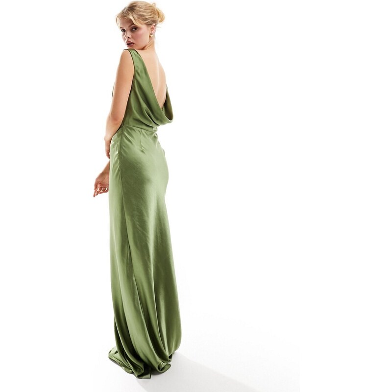 Vestido de dama de honor largo verde musgo con espalda desbocada de satén de Six Stories