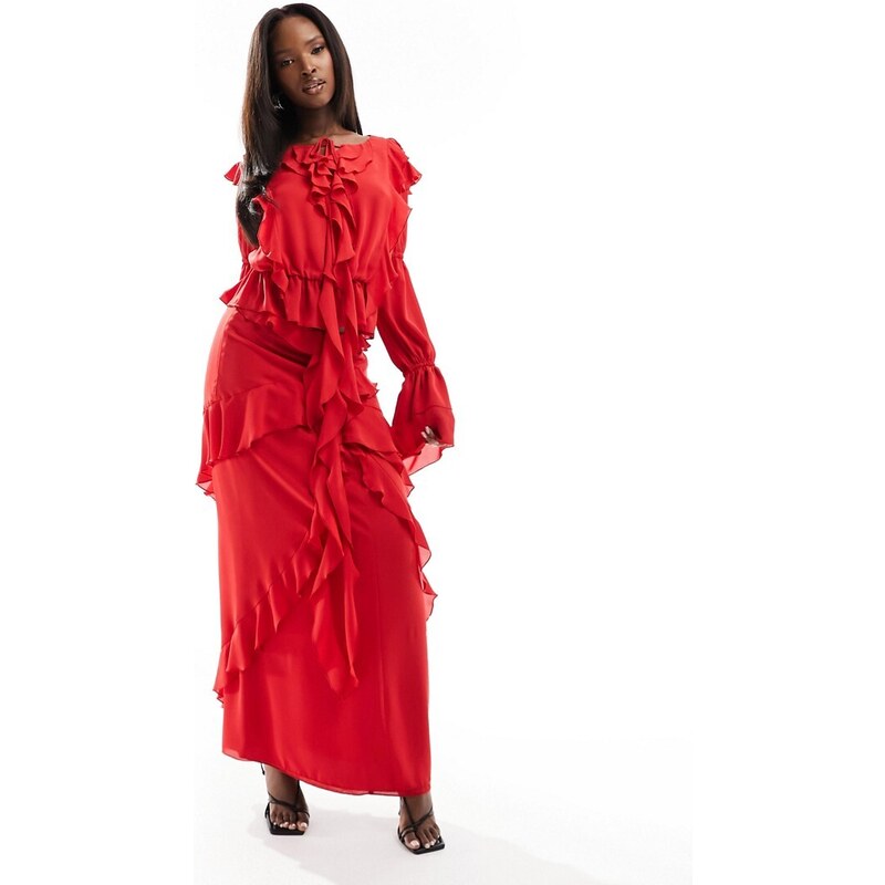 Falda larga roja con volantes de Daska (parte de un conjunto)-Rojo