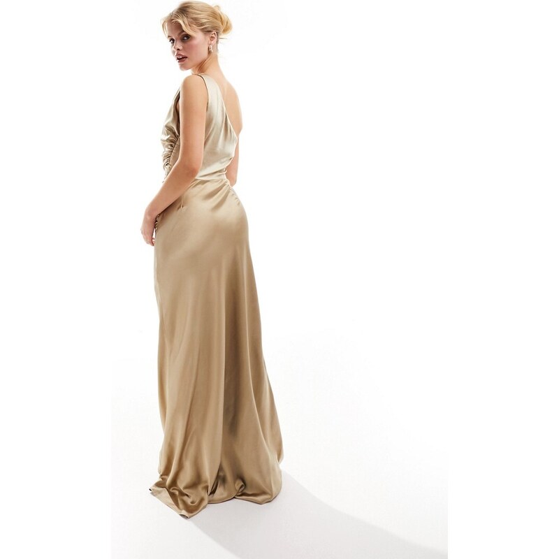 Vestido de dama de honor largo color champán asimétrico de satén de Six Stories-Dorado