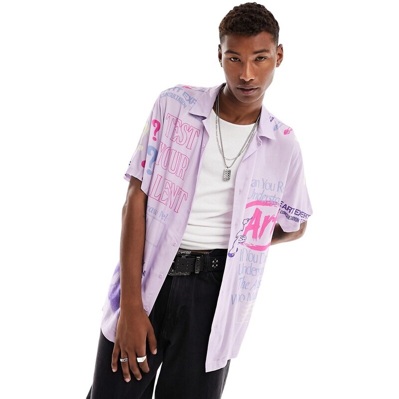 Camisa morada de manga corta con cuello de solapas y estampados colegiales de Coney Island Picnic (parte de un conjunto)-Morado