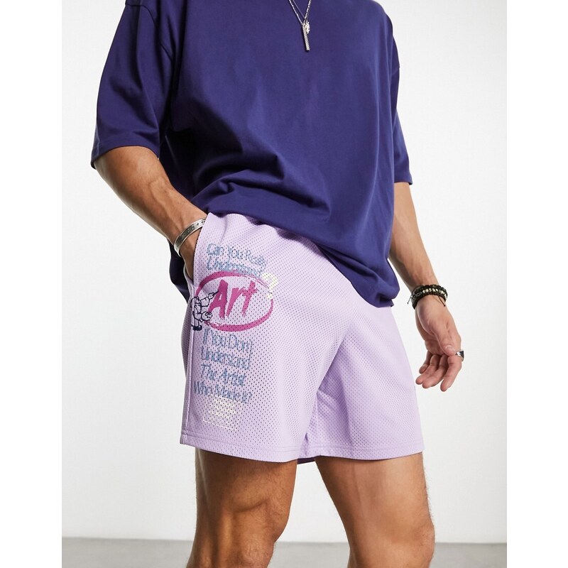Pantalones cortos morados con estampados posicionales "Art School" de malla de Coney Island Picnic (parte de un conjunto)