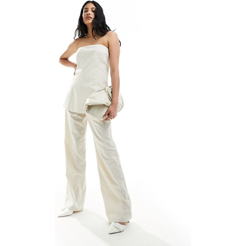 Pantalones de sastre color crema de pernera ancha de lino exclusivos de 4th & Reckless (parte de un conjunto)-Blanco