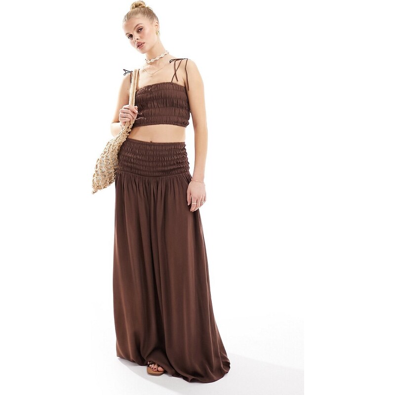 Falda playera larga marrón con cintura fruncida de Esmée (parte de un conjunto)-Brown