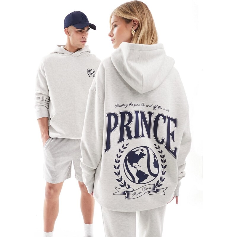 Sudadera gris jaspeado unisex con capucha y estampado universitario de Prince (parte de un conjunto)