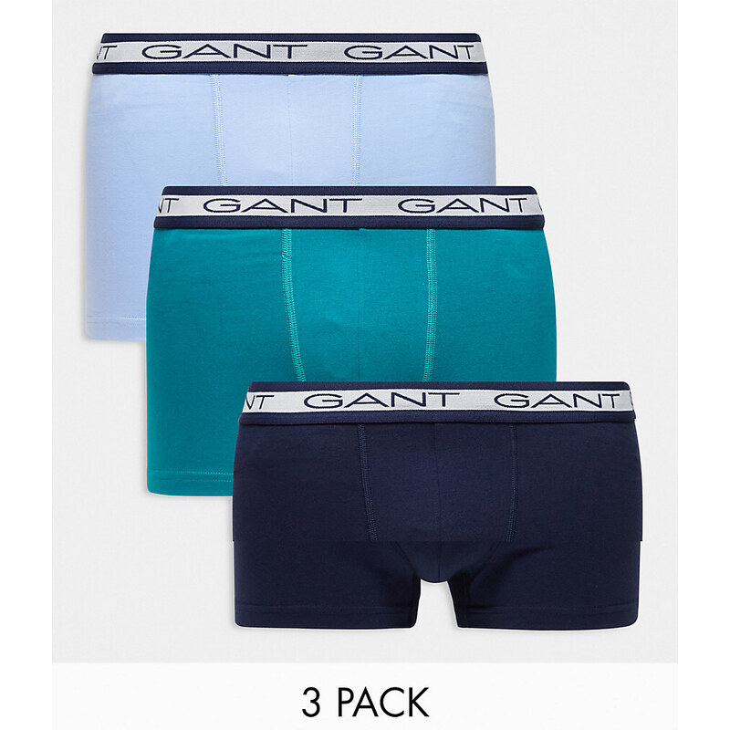 Pack de 3 calzoncillos de color azul marino, verde y azul con cinturilla del logo de GANT