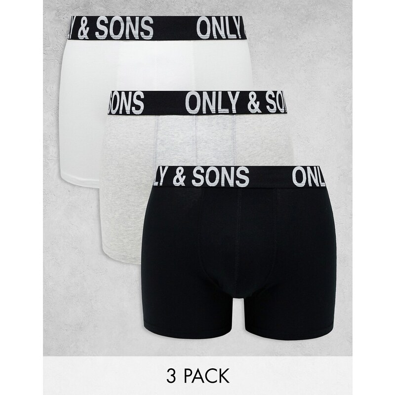 Pack de 3 calzoncillos de color negro, gris y blanco de ONLY & SONS