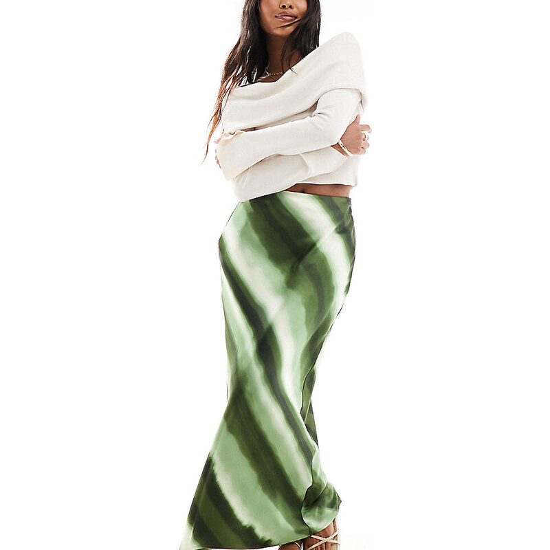 Falda larga verde a rayas degradadas de satén exclusiva de 4th & Reckless Petite