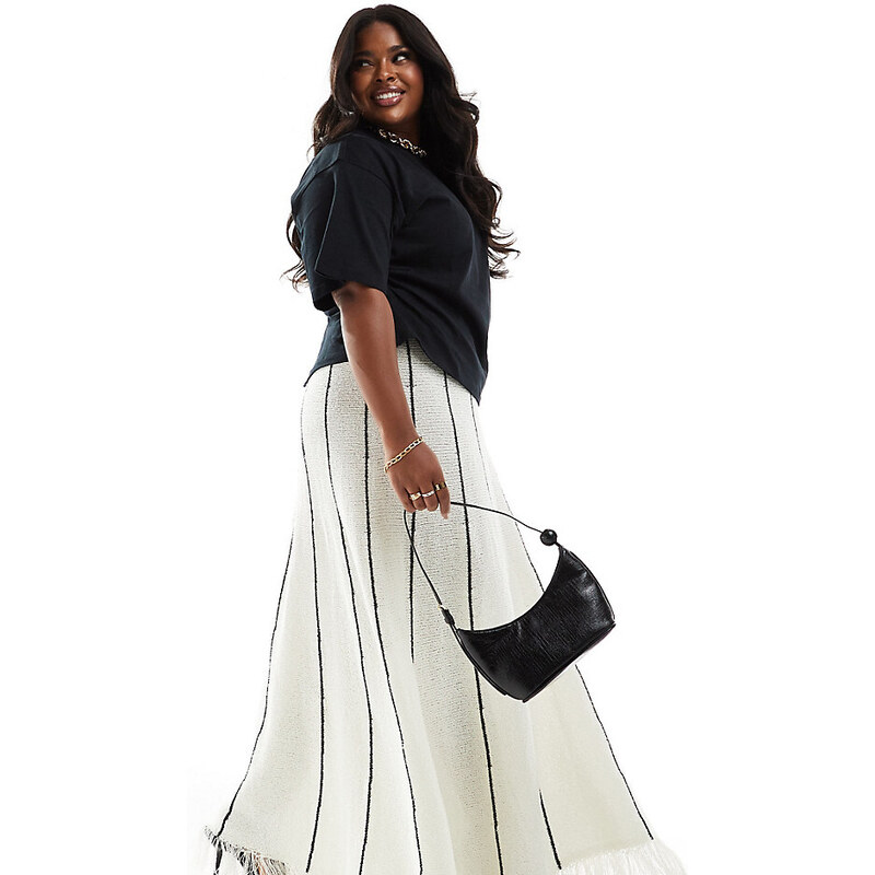 Falda larga color crema a rayas con bajo de flecos de punto de 4th & Reckless Plus-Blanco