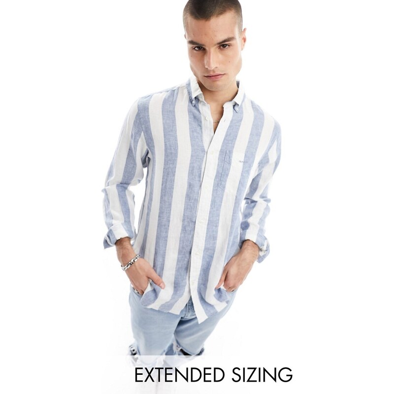 Camisa blanca y azul a rayas llamativas con logo de lino de GANT-Blanco