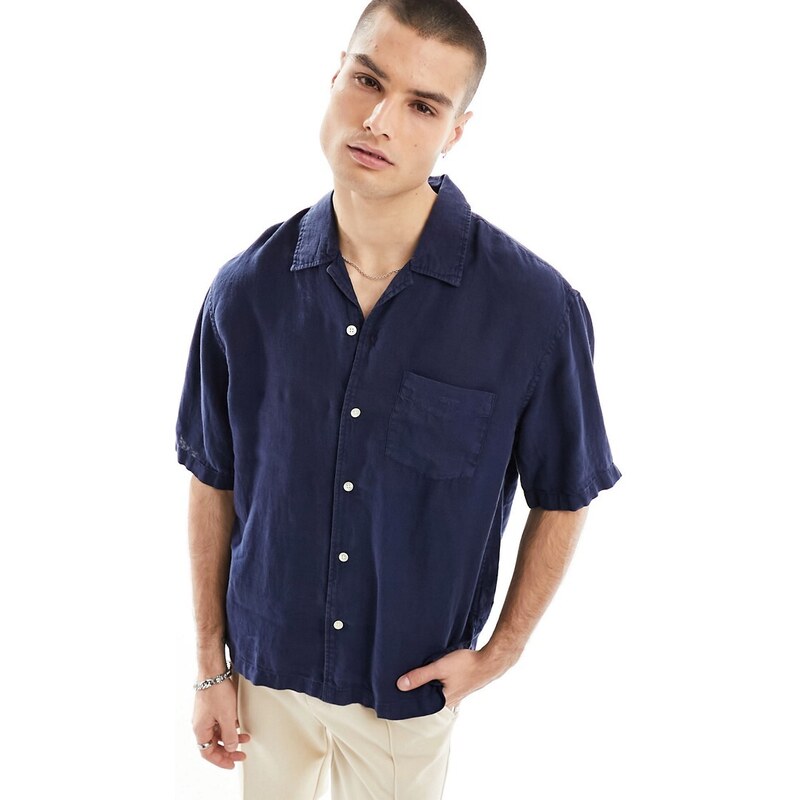 Camisa azul marino holgada de manga corta con cuello de solapas y acabado tintado de lino de GANT