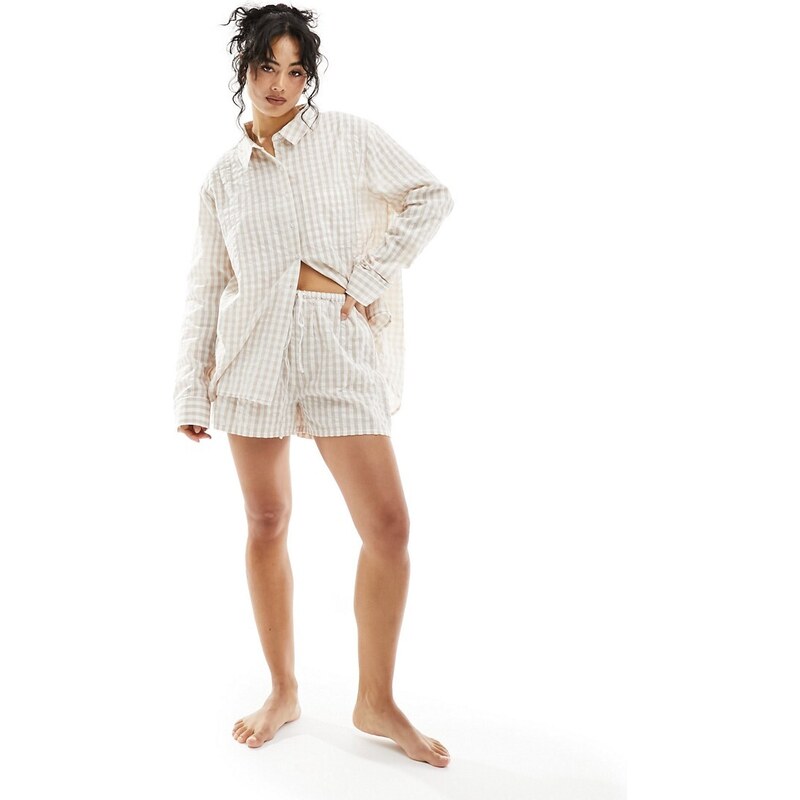 Pantalones cortos de pijama beis extragrandes a cuadros vichy Mix & Match de Luna-Beis neutro