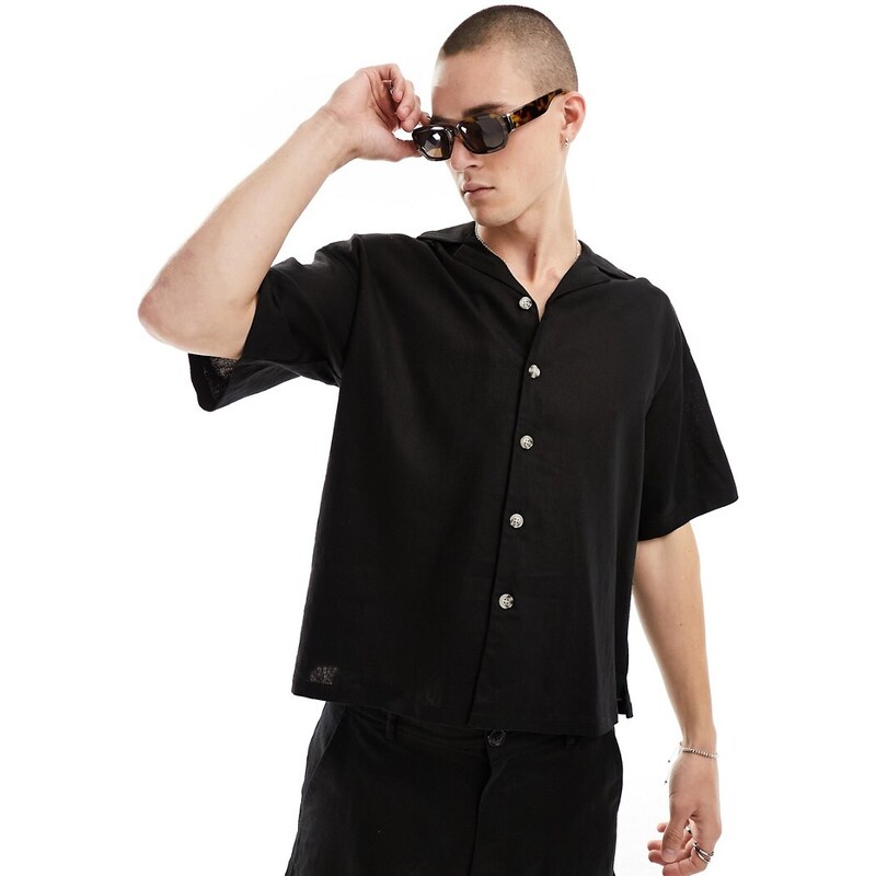 Camisa negra extragrande con cuello de solapas de mezcla de lino de ADPT-Negro