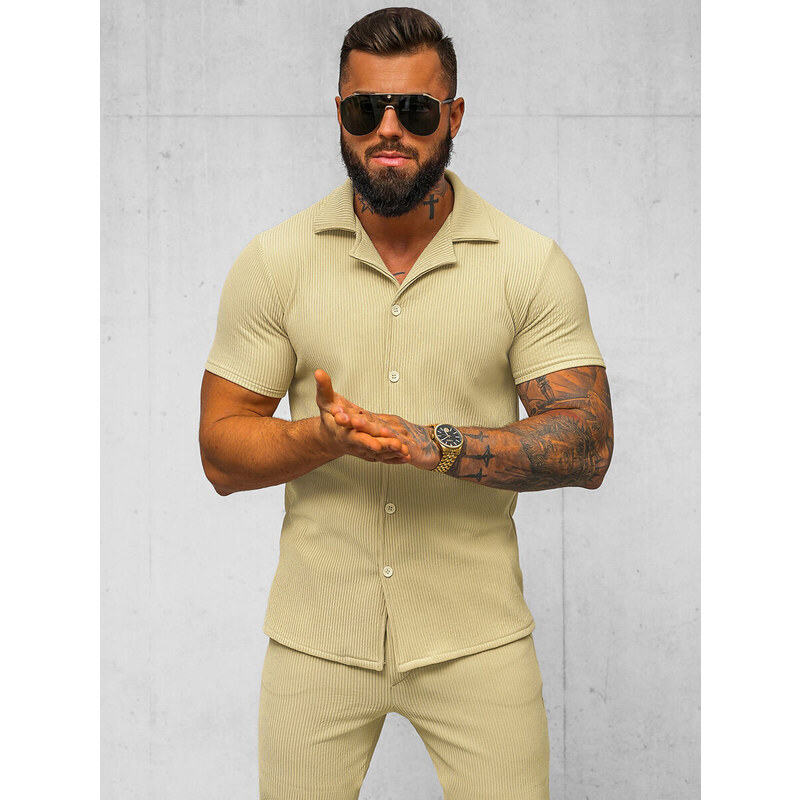 Camisa de hombre con manga corta beige OZONEE O/Y963T