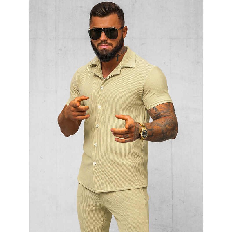 Camisa de hombre con manga corta beige OZONEE O/Y963T